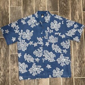 Billabong Shirt Men’s Blue White XL Retro Floral Hawaiian Print 100% Cotton